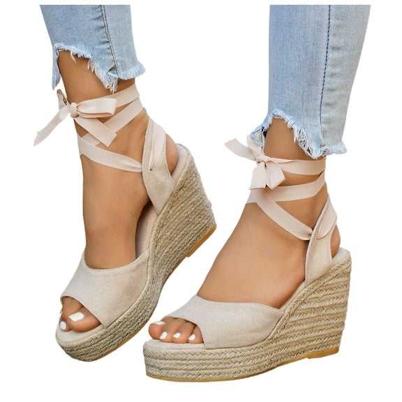 Rokment Womens Platform Wedge Strappy Dressy Sandals Bride Wedding Elegant Casual Suede Peep Toe Espadrilles Chunky High Heels Beach Dress Summer Shoes Beige Size 6.5