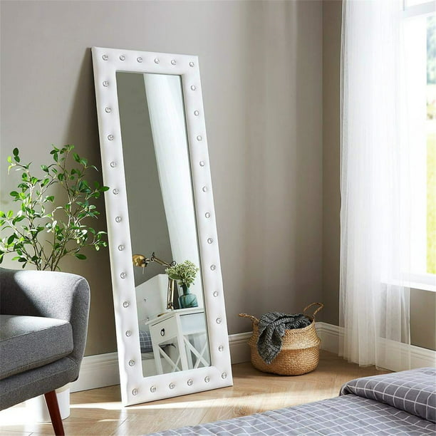 Crystal Tufted Full Length Mirror Large Floor Diamond Standing Or Wall Mounted Dressing With Crystals Frame For Living Room Bedroom White Com - Wall Floor Mirror Frame