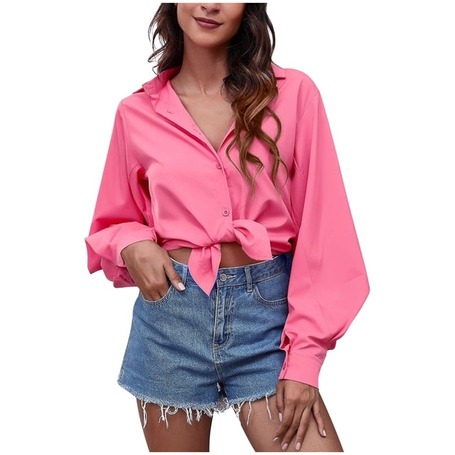 FAIWAD Tunique à Manches Longues pour Femmes Col en V Boutonnée Bloc de Couleur Décontractée Basique