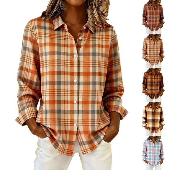 YVNAURA Womens Retro Plaid Print Blouse Color Block Button Down Shirt Long Sleeve Fall Winter Tops for Women Casual Loose Fit Preppy Style with Pocket, Orange,L