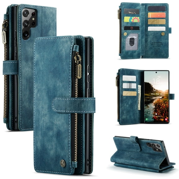 Samsung Galaxy S22 Ultra Case, Magnetic Wallet Case Premium Durable PU Leather Zipper Pocket Card Holder Kickstand Phone Cover for Galaxy S22 Ultra 5G,Blue