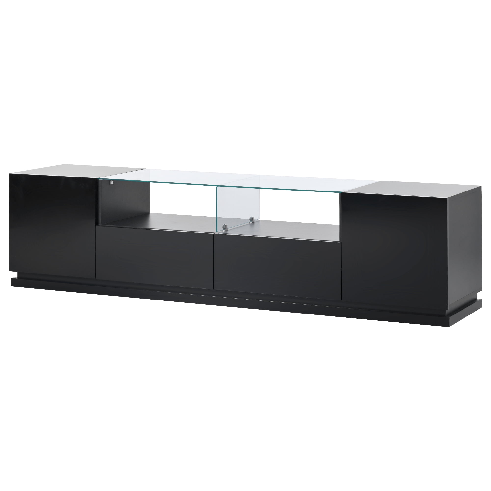 Momspeace Modern High Gloss TV Stand with Tempered Glass Shelf and 16-Color LED Light Strips for TVs up to 70'' -Black