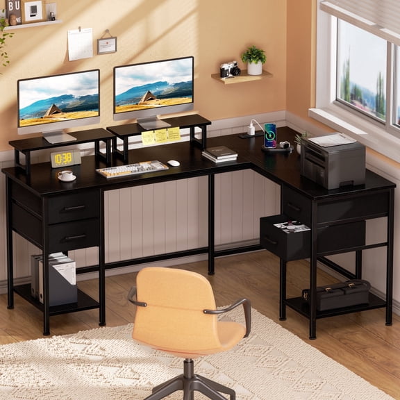 Satifur 59" L-Shaped Desk with Power Outlets, 4 Fabric Drawers & 2 Monitor Stands, Convertible Two Person Home Office Desk, Black