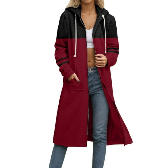 Long Jackets for Women, Full-zip Hooded Colorblock Long Sweatshirt Coat with Pockets Casual Womens Fall Outerwear (XL, Wine)