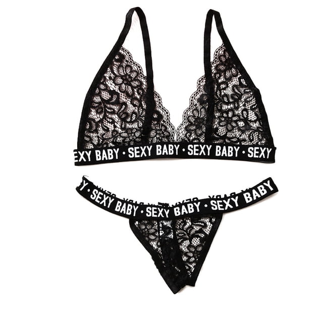 Conjunto de lencería sexy con encaje y letras, diseño de tirantes sexy, detalles calados y red negra