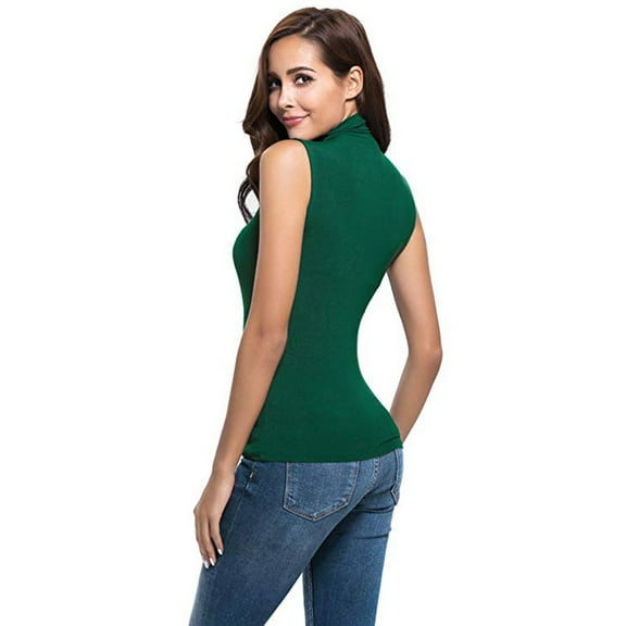 Womens Training Top Blouse Slim Sleeveless Top Womens Fit Turtleneck Solid Tee Shirt Women's Blouse Plush Band Green XL