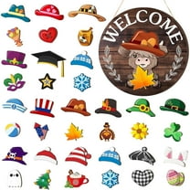 Interchangeable Highlands Cow Welcome Sign - 35 Pcs Magnetic Front Door Decor Set with 17 Swappable Hats & Seasonal Pieces for Farmhouse, Holiday, Christmas & Halloween Decorating