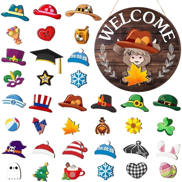 Interchangeable Wooden Holiday Door Hanging Sign Festive Cow Theme Decoration For Seasonal Home And Welcoming Entryway Display