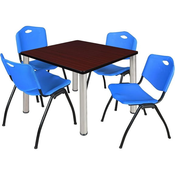 Homestock Timeless Trends 36" Square Lounge Table Mahogany/ Chrome With 4 'M' Nesting Chairs, Blue - Ergonomic Breakroom Furniture Set For Staff Break Room, Tables & Chair, Breakroom Set