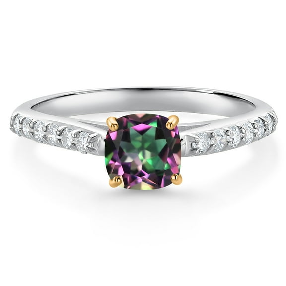 Gem Stone King 1.18 Ct Green Mystic Topaz G/H Lab Grown Diamond 10K White and Yellow Gold Engagement Ring (Size 6)
