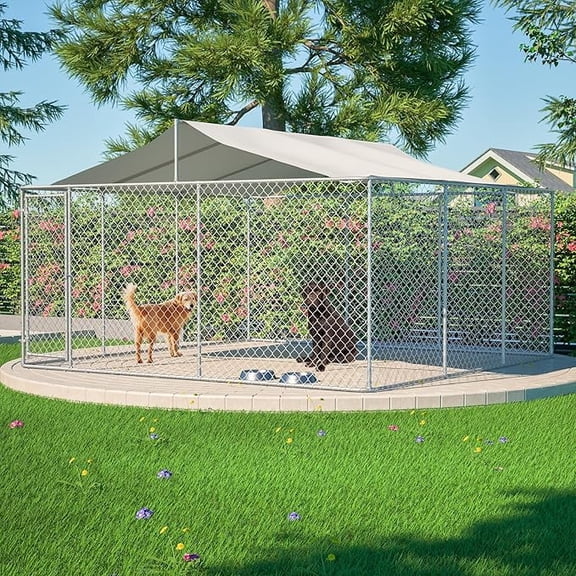Thanaddo 177"x177"x91" Outdoor Dog Kennel with Waterproof Roof, Heavy Duty Chain Link Dog Run Enclosure