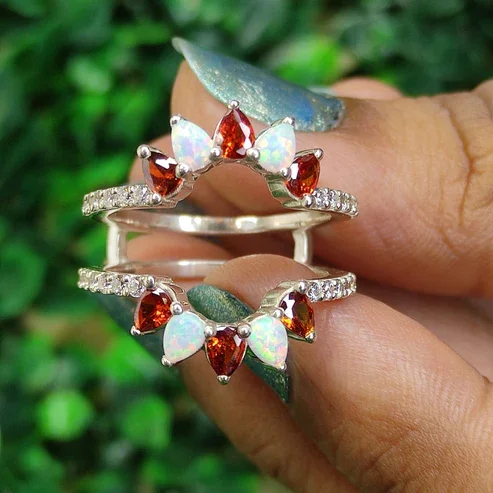 Pear Cut Red Garnet & Fire Opal Diamond Ring Guard in 925 Sterling Silver – Bridal Matching Ring, Handmade Jewelry