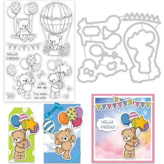 DIY Balloon Bear Cut Dies and Clear Stamp Set Lovely Bear Embossing Template and Silicone Stamp for Card Scrapbooking Card DIY Craft Decoration DIY