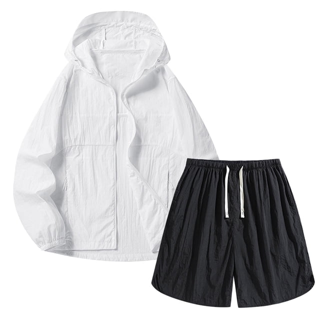 Hooded Sun Protection Jacket and Short Pants Suit for Men, Breathable Polyester Outdoor Fishing Exercise Set, Black S
