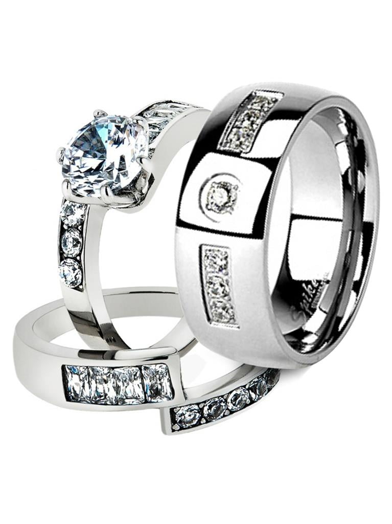 2.50 CT ROUND CUT CZ SILVER STAINLESS STEEL WEDDING RING SET WOMEN'S SIZE 5-10 