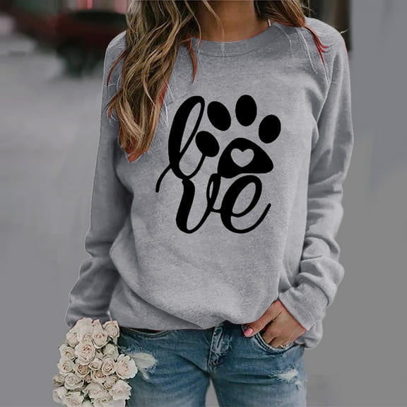 OKBOP Flowy Tops For Women,Casual Long Sleeve Dog Paw Printing O-Neck Shirt Pullover Pink Blouse Thing 1 And Thing 2 Shirts