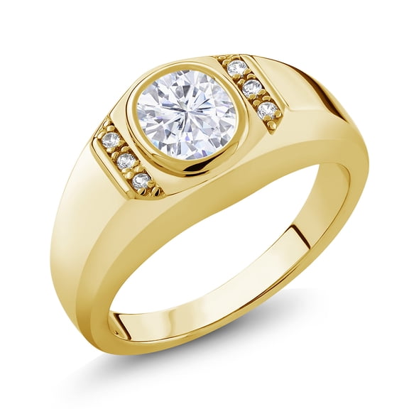 Gem Stone King 18K Yellow Gold Plated Silver Men's Ring 8x6mm Oval 1.56cttw Moissanite and Created Sapphire (Size 10)