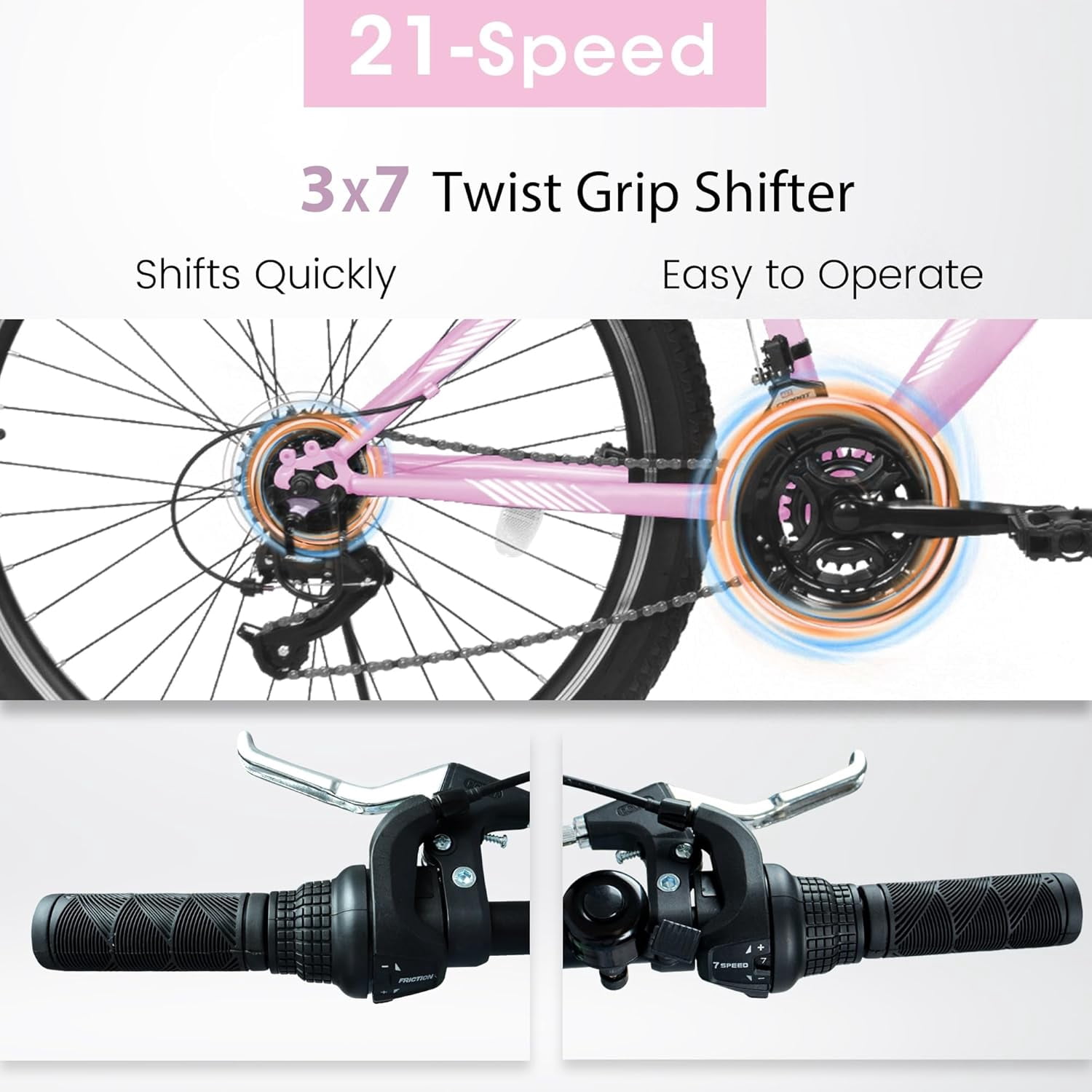 24Inch Mountain Bike for Women Girls, 21-Speed Mountain Bicycle with V-Brakes and Front Fork Suspension, Carbon Steel Frame for Teenagers Aged 12 and up, Pink