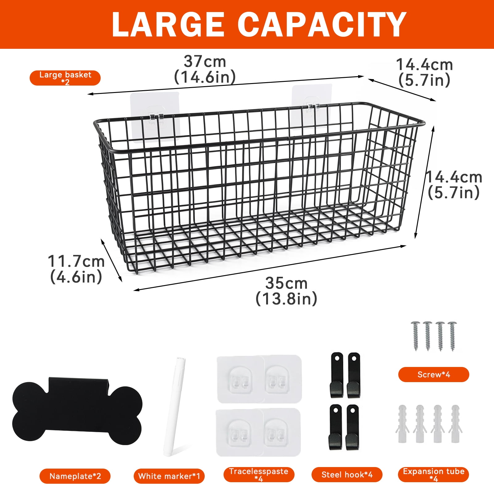 Pethiy 2-Pack Black Wire Wall-Mounted Storage Baskets, Large Capacity Metal Organizer Bins for Kitchen Onion, Potato, Fruit & Pantry Storage with Nameplate & Hooks