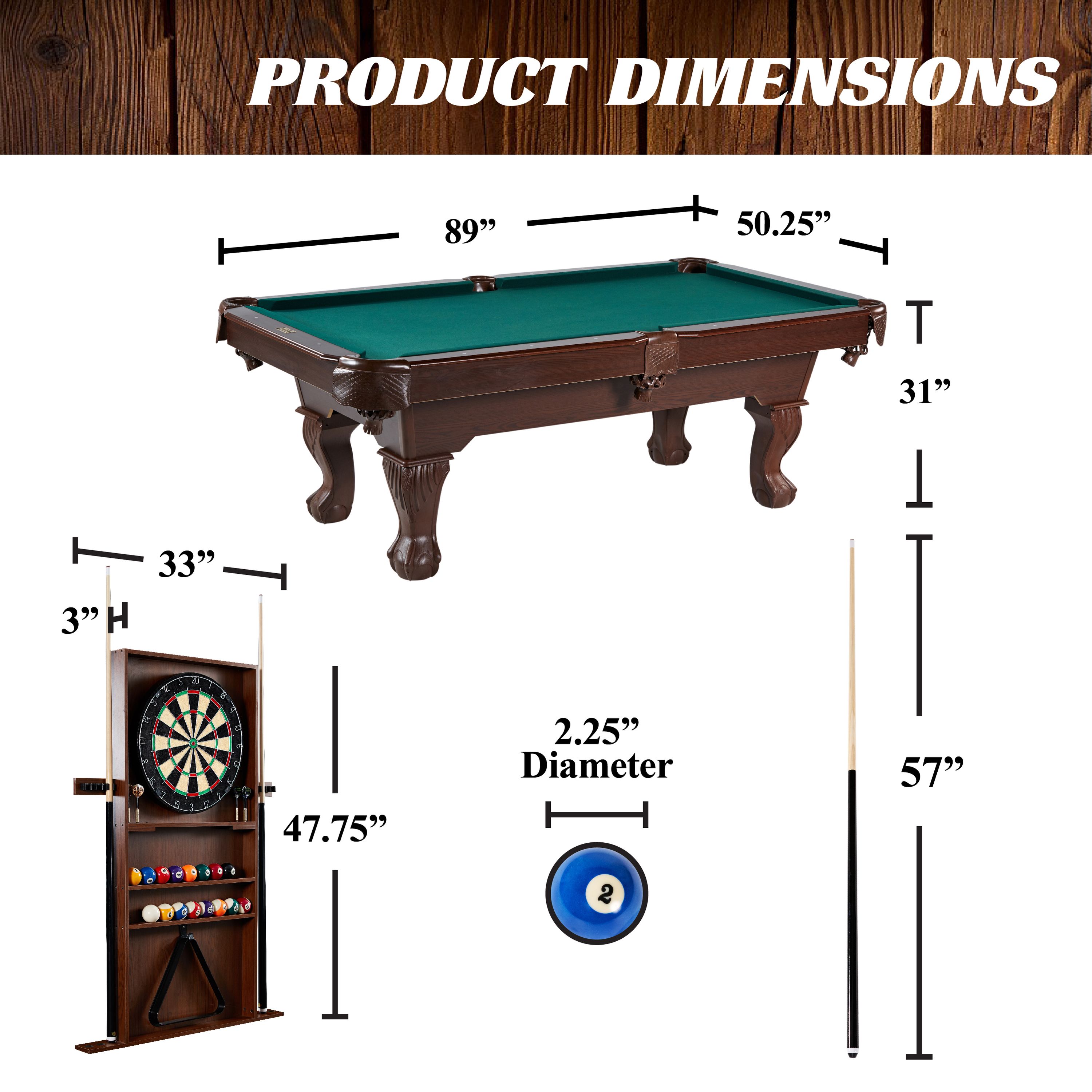 Barrington Billiards 90" Ball and Claw Leg Pool Table with Cue Rack, Dartboard Set, Green, New - image 11 of 13
