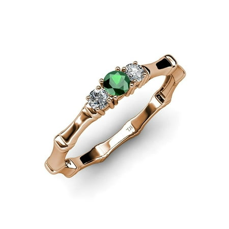 

Emerald with Side Diamond (SI2-I1 G-H) Three Stone Bamboo Ring 0.29 ct tw in 14K Rose Gold.size 8.0