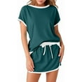 thumbnail image 4 of Women's Casual 2 Piece Short Sleeve Crew Neck Color Block Pullover Tops Matching Drawstring Mini Skirt Going Out Lounge Outfits, 4 of 7