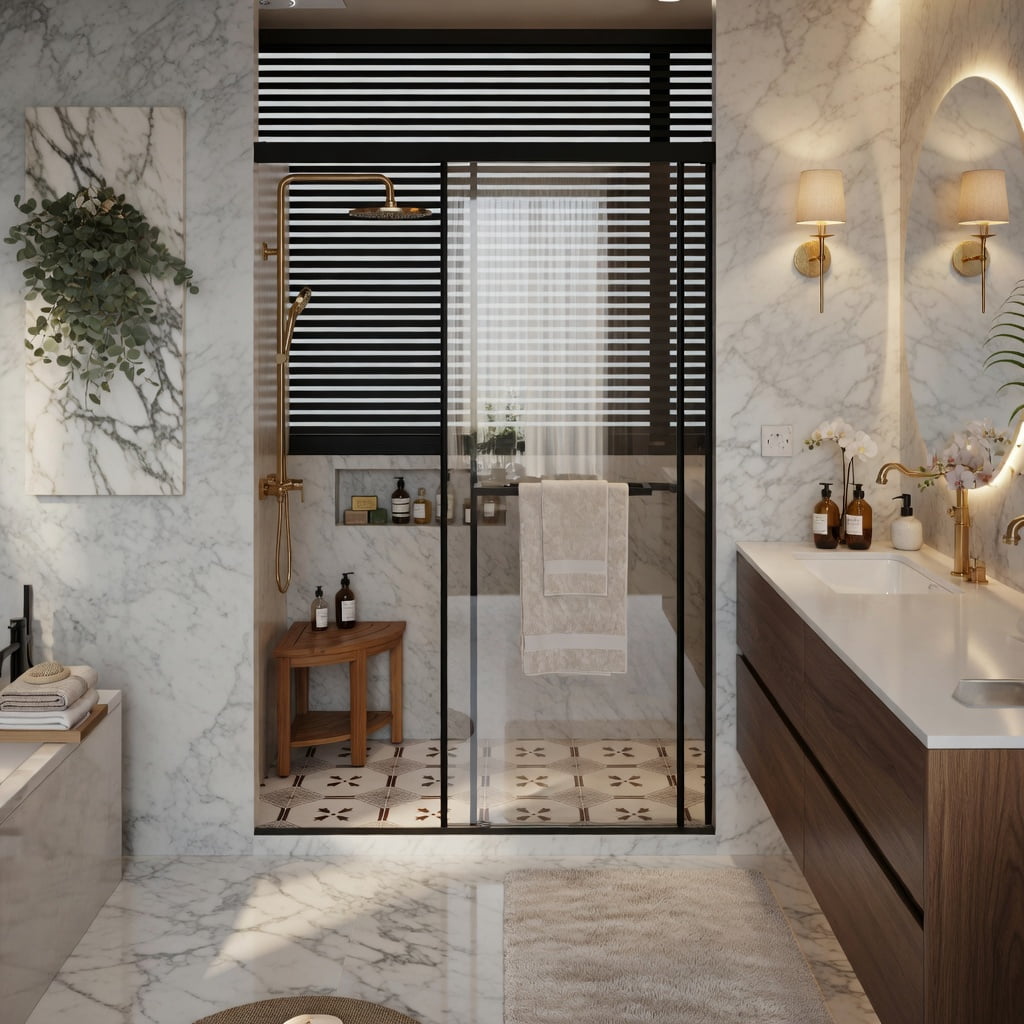 Hommoo 48"W x 72"H Frameless Dual Sliding Shower Door, Soft-Close Buffer Track, Leak-Proof Extended Metal Threshold, Black & Transparent