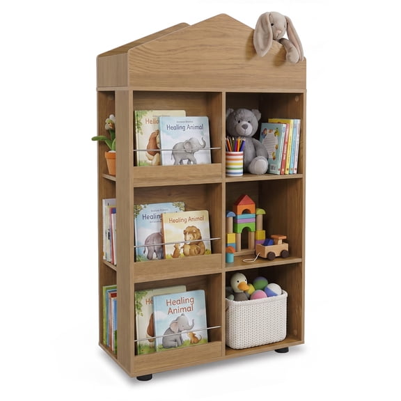 Costway 4-Tier House-Shaped Toddler Bookcase with Guardrails, Wooden Children Furniture Natural