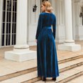 thumbnail image 6 of IDOPIP Fall Winter Velvet Dress for Women Long Sleeve Round Neck Maxi Dress with Belt Cocktail Gown, 6 of 7