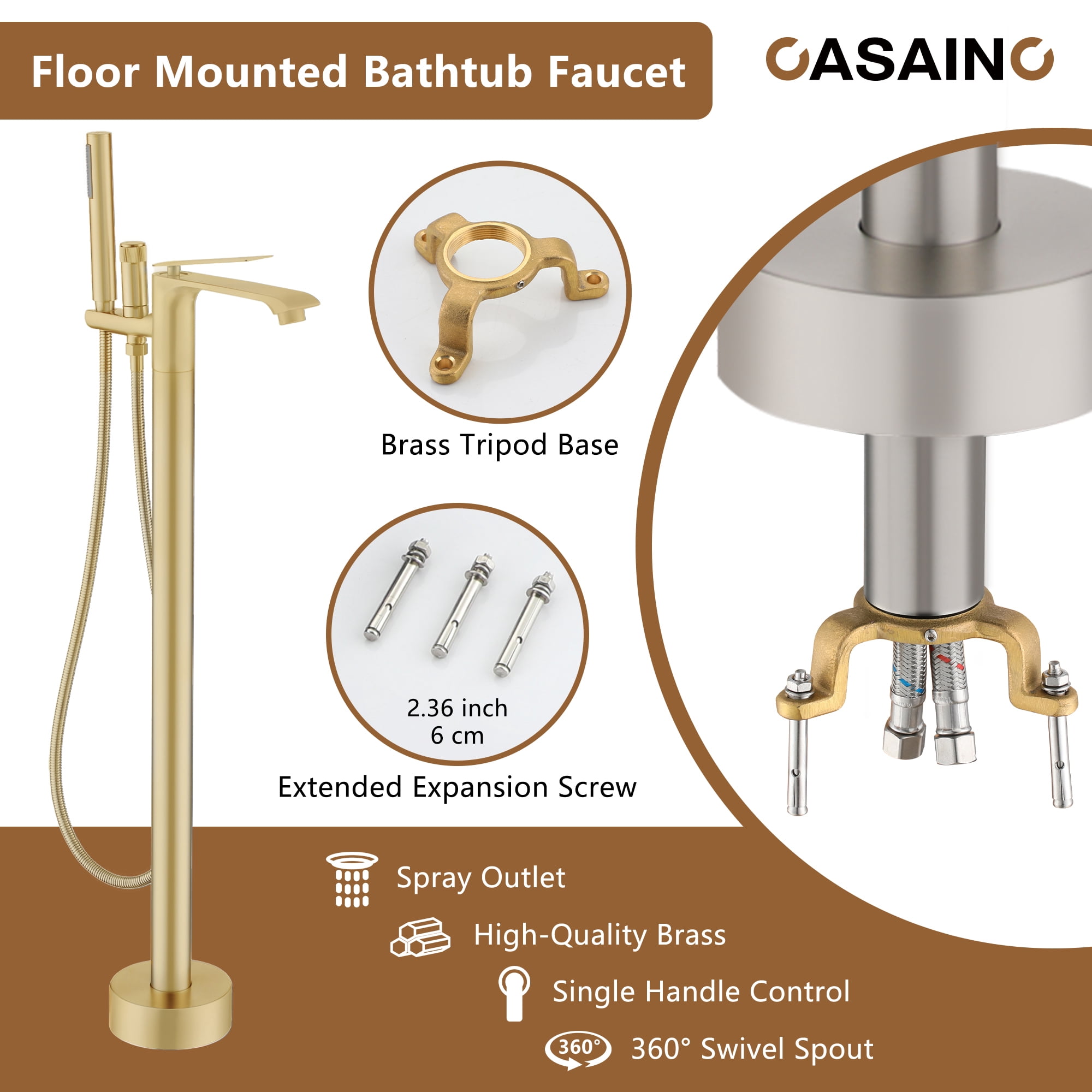 CASAINC Single-Handle Freestanding Floor Mount Tub Filler Faucet with Handheld Shower in Brushed Gold