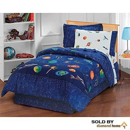 6 Piece Kids Blue Sun Moon Stars Comforter Set Outer Space