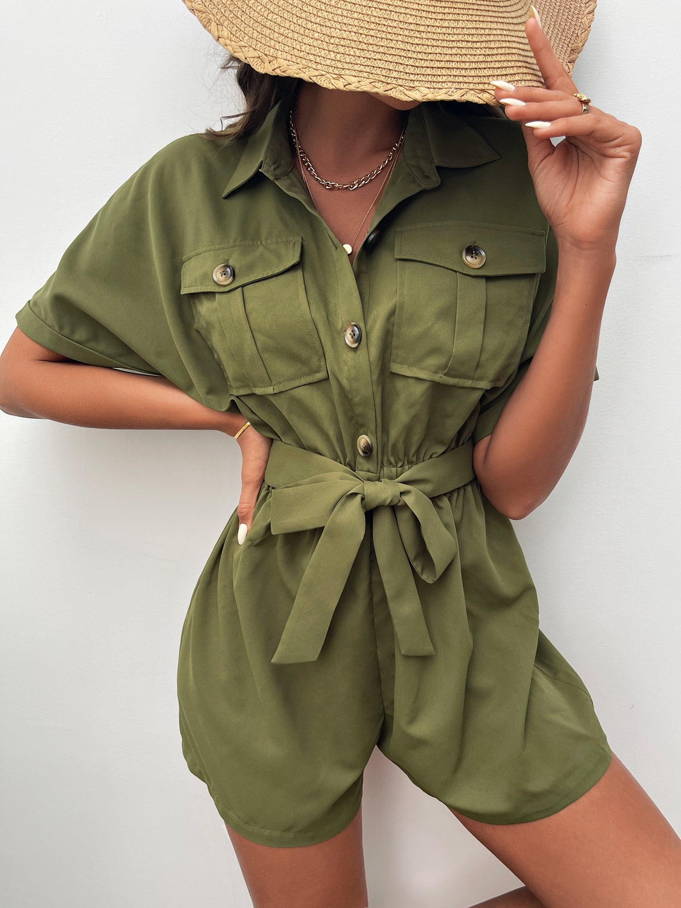 Army Green Women's Flap Pocket Belted 