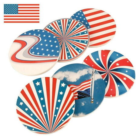

Big Clearance! 6Pcs American Flag Ceramic Coaster Insulation Pad Waterproof Absorbent Mat Round Cork Coasters