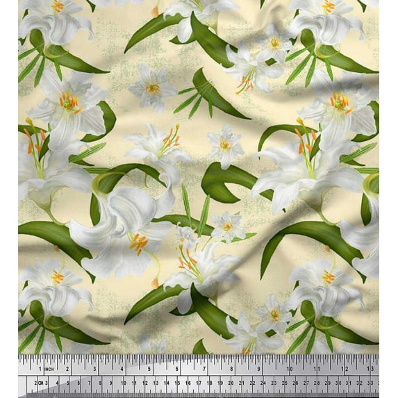 Soimoi Poly Georgette Fabric Leaves & Lily Floral Printed Craft Fabric by The Yard 42 Inch Wide