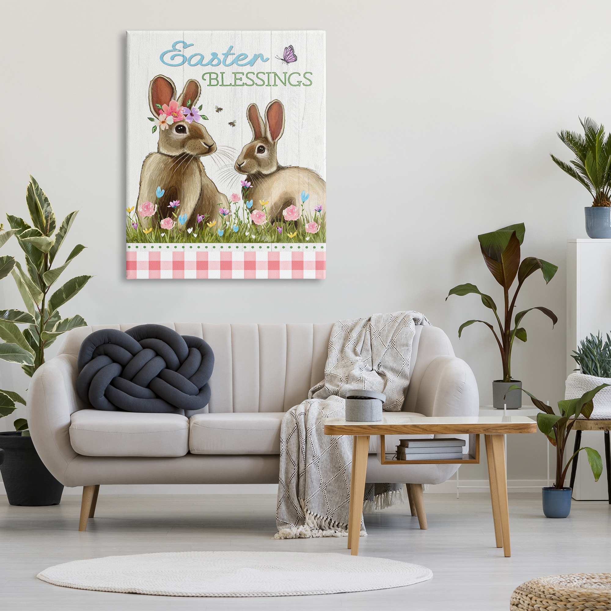 Easter Blessings Gingham Spring Bunnies Canvas Art, 36 x 48, By Elizabeth Tyndall