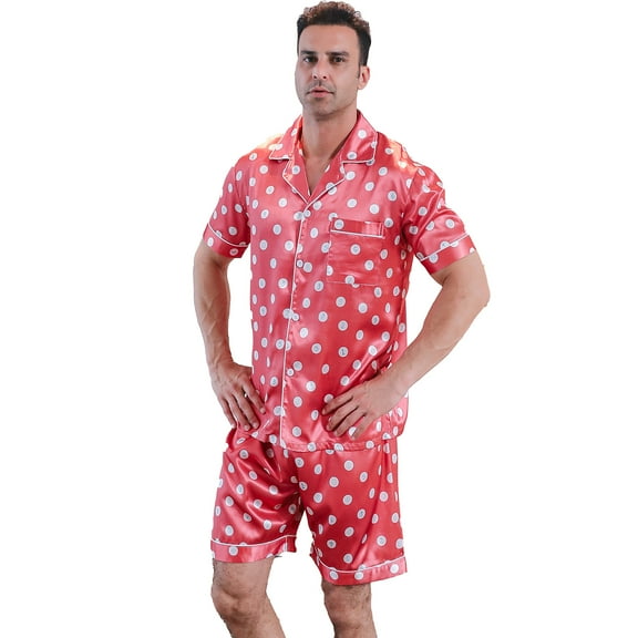 Men's silk satin pajama set short-sleeved buttons pajamas (with pockets)