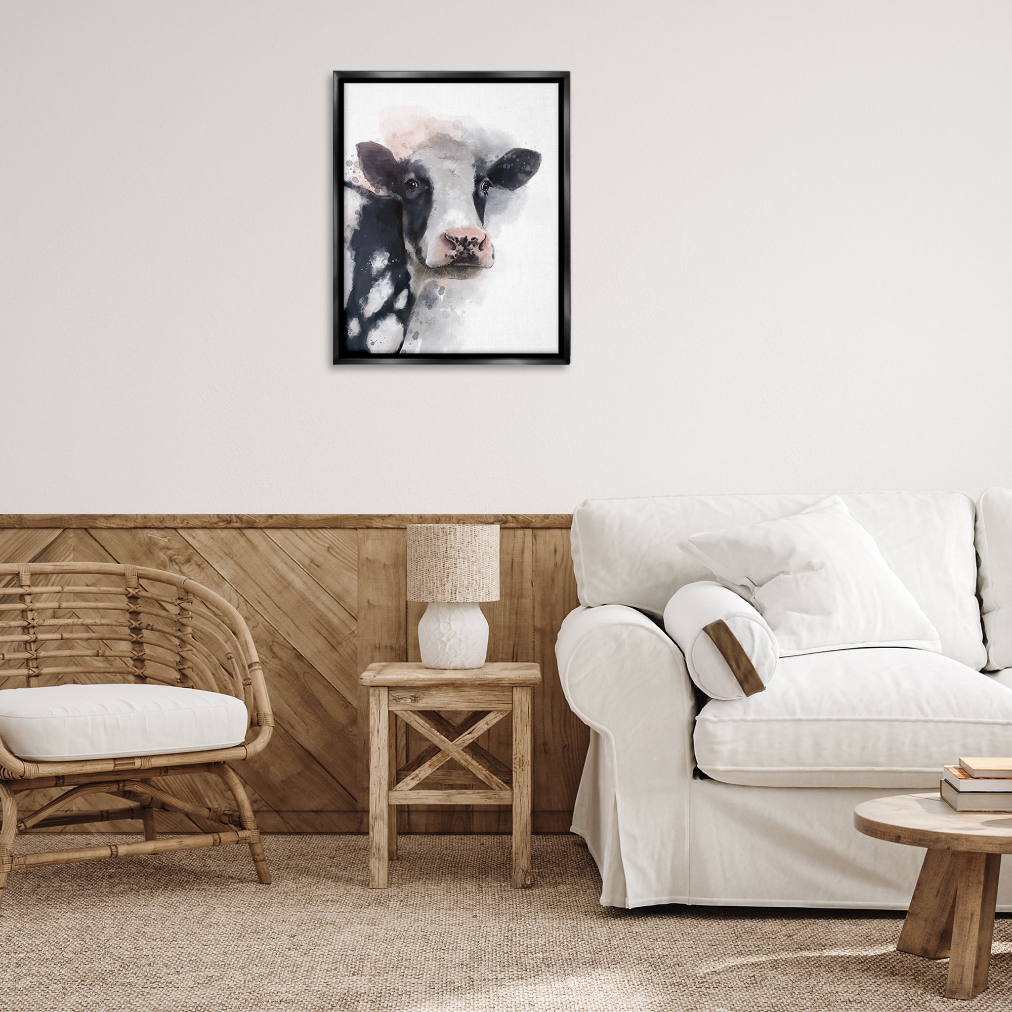Stupell Industries Black & White Calf Animals Painting Black Floater Framed Canvas Art Print Wall Art, 25 x 31
