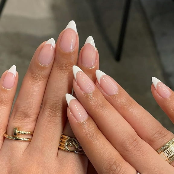 24Pcs White French Tip Press on Nails Short Almond,15 Sizes Fake Nails Press ons,Natural Nude Medium Short Gel Nails Acrylic,French Nails with Classic Design,Thick False Nails for Home DIY