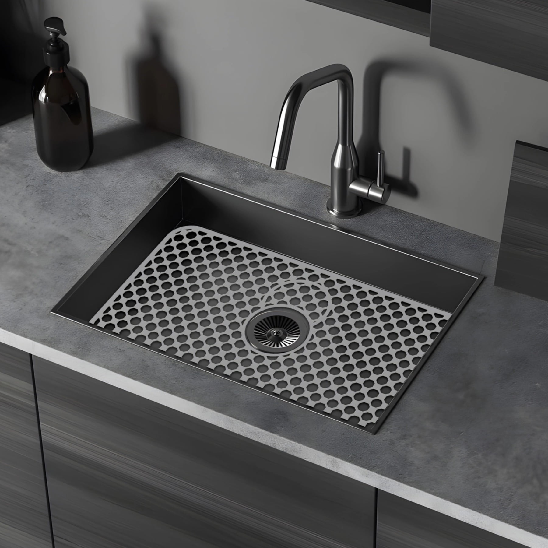 Kitchen Sink Mat, Silicone Sink Protector with Central Drain Hole, Non-Slip Hexagon Design, 26 x 14 in