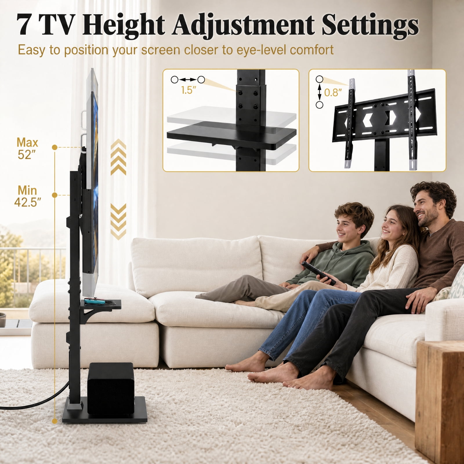 Furnibear Tilt and Height Adjustable Floor TV Stand with Power Outlet and Adjustable AV Shelf for Living Room Bedroom Media Console, Black
