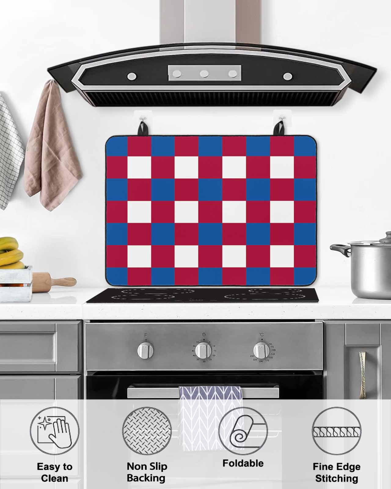 nqOlkjepod Large Induction Cooktop Protector Mat 24"x21", 4th of July Stove Top Covers for Electric Stove, Independence Day Red Blue White Plaid Checkered Stove Burner Cover Mats Stove Cover