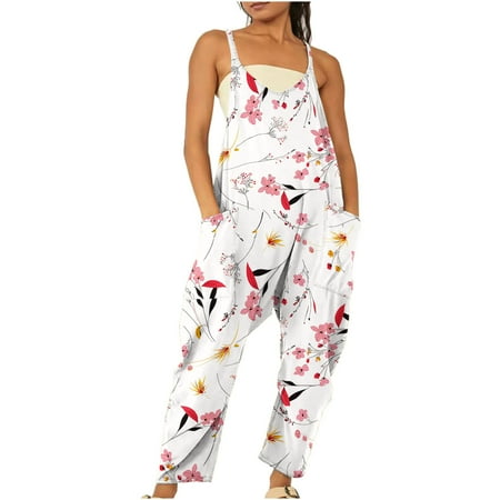 

Dyegold Jumpsuits for Women Casual Jumpsuits for Women Casual Pocket Summer Fashion Trousers Floral Print One Piece V-Neck Sleeveless Rompers Trousers