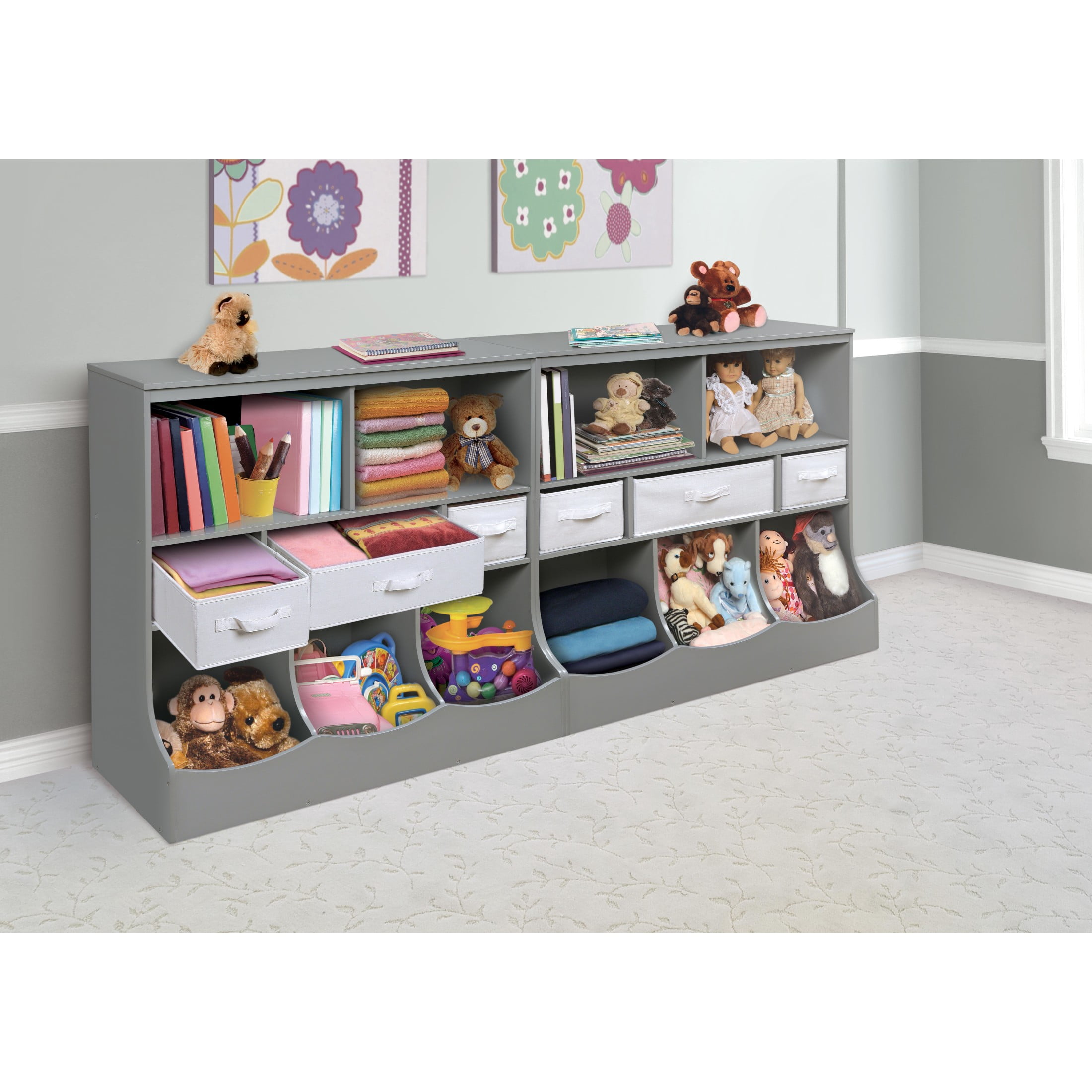 Badger Basket Children's Wooden Combo Bin with 3 Baskets 55 gal Toy Storage Cube, Gray