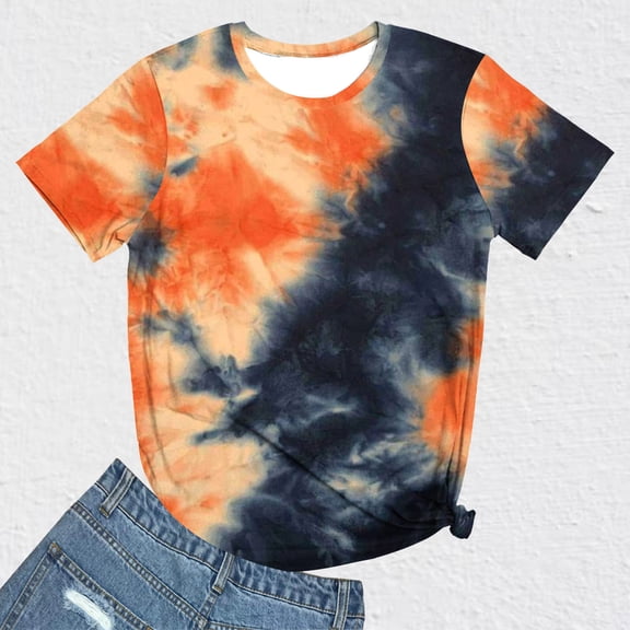 Plus Size Printed T-Shirts for Women Fashion SMihono Novelty Tie Dye Basic Tees Drop Shoulder Short Sleeve Blouse Round Neck Tops Comfy Daily Relaxed Loose Casual Shirts Orange 4