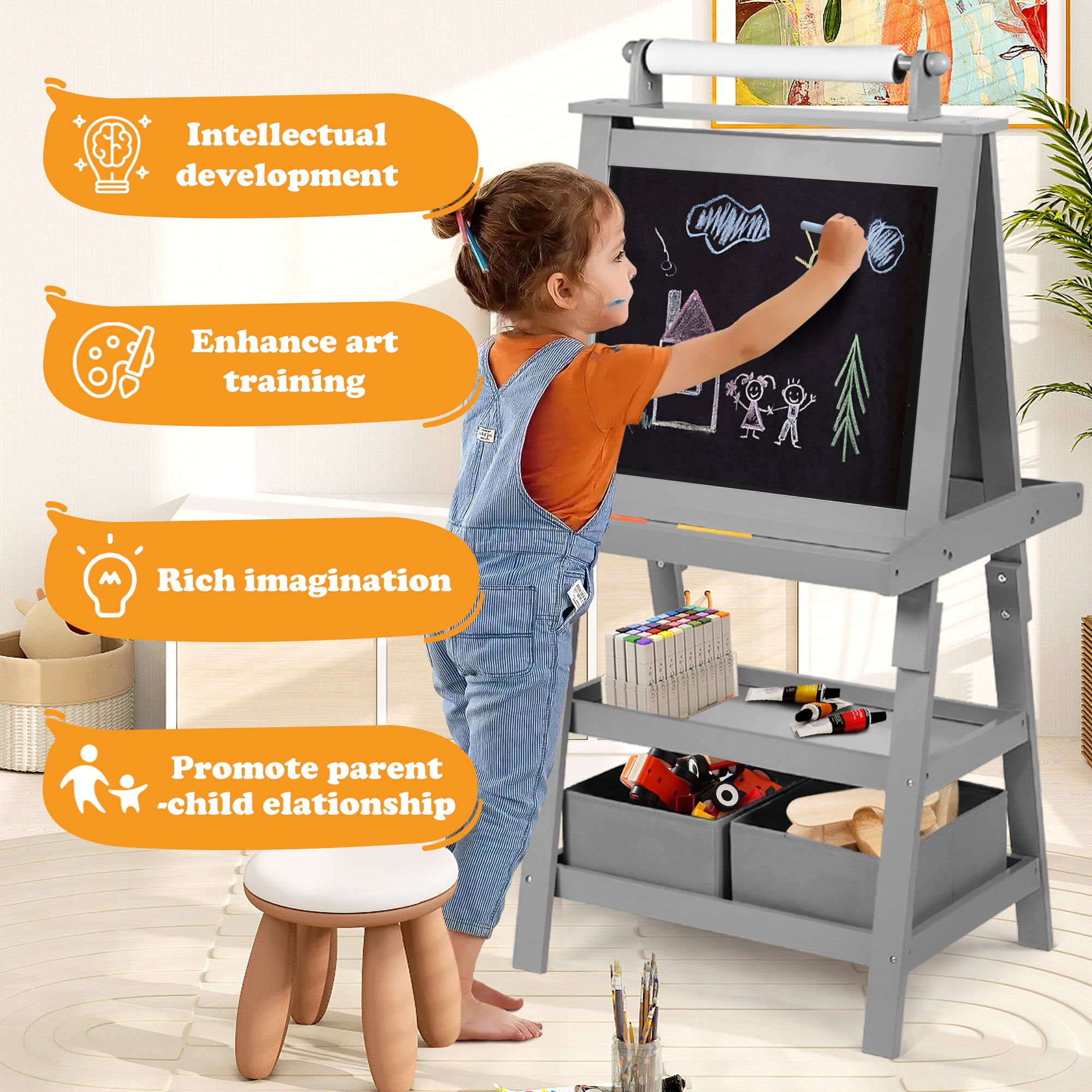 AILEEKISS 3 in 1 Kids Art Easel Double-Sided Magnetic Whiteboard Chalkboard with Paper Roller, Grey