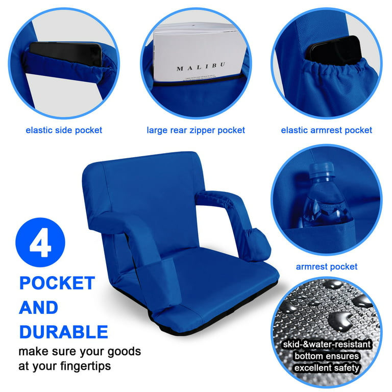 Nalone Folding Stadium Seat 25 inch Wide Stadium Chairs for Bleachers Portable with Back Supports Thick Padded Cushion Armrests RECLINING, Blue