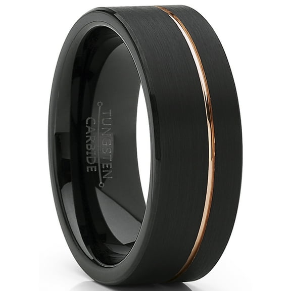 Metal Masters Mens Black Tungsten Carbide Ring Wedding Band Rose Goldtone Groove 8mm