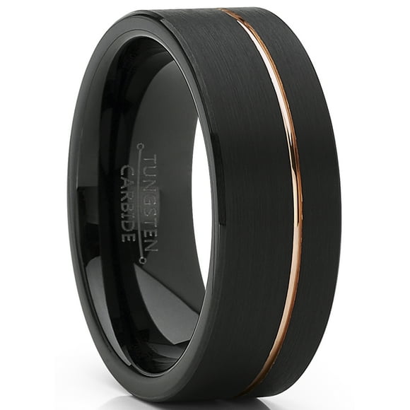 Men's Black Tungsten Carbide Ring Wedding Band with Rose Goldtone Groove 8mm