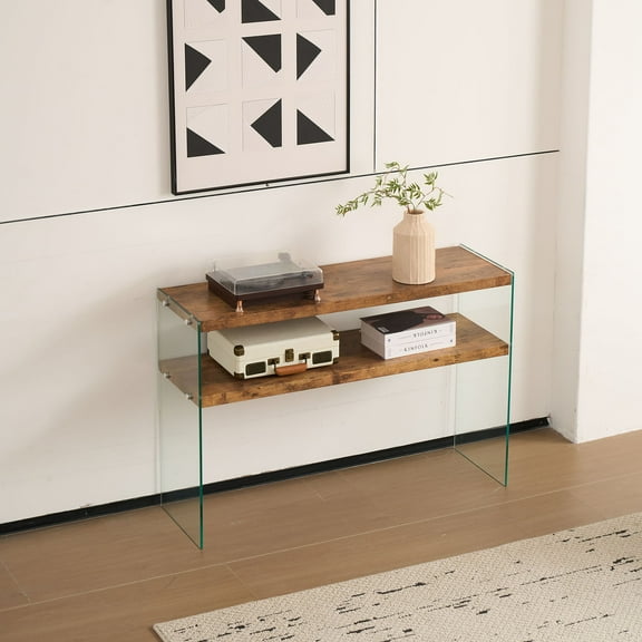 CQSXDA MDF Console Table With Walnut Tempered Glass Top, Large Entry Side Table For Living Room Storage