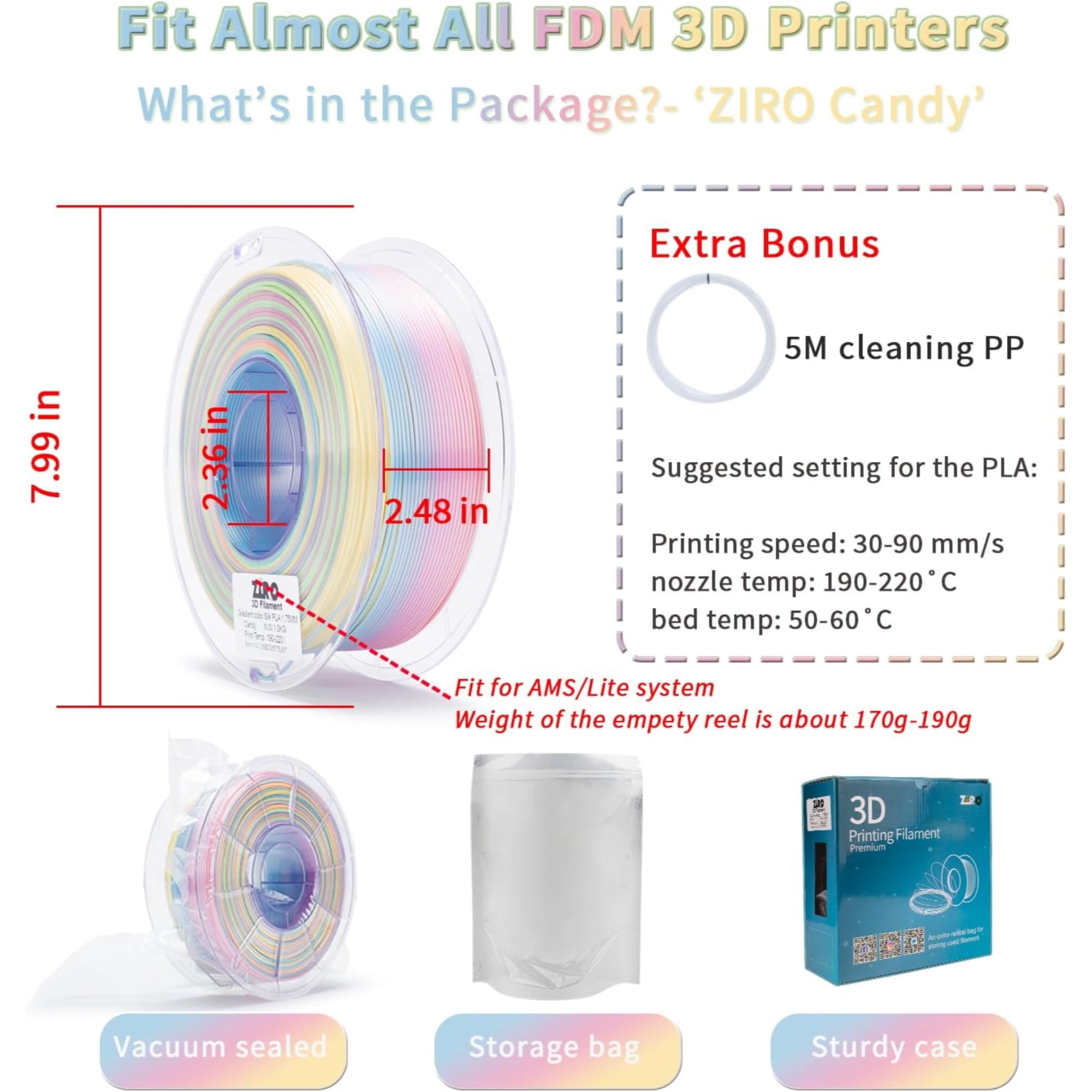 Ziro 3D Gradient Silk PLA Filament 1.75mm 1kg, Candy